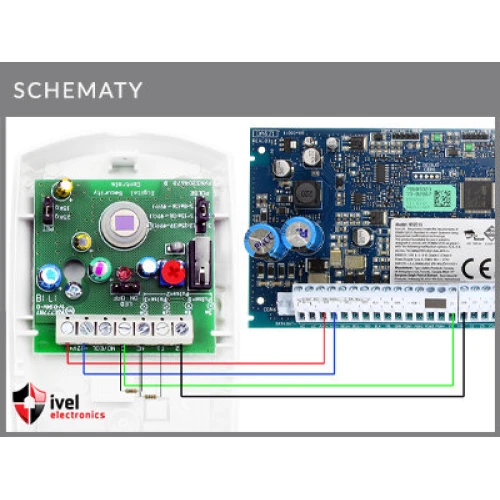 Schemat podłączenia czujki ruchu DSC LC-100-PI do płyty głównej DSC HS2016, HS2032, HS2064