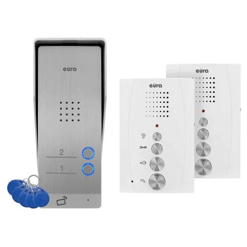 Domofon EURA ADP-62A3 - biały, dwurodzinny, głośnomówiący, obsługa 2 wejść, czytnik RFID