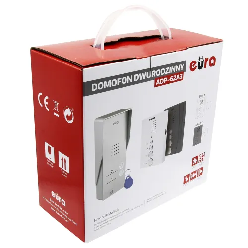 Domofon EURA ADP-62A3 - biały, dwurodzinny, głośnomówiący, obsługa 2 wejść, czytnik RFID