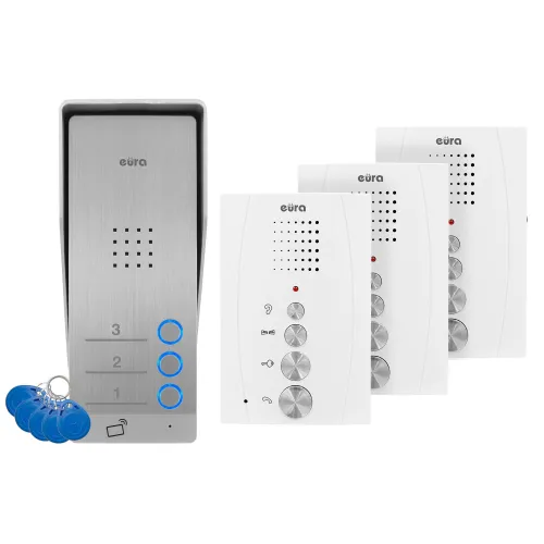 Domofon EURA ADP-63A3 - biały, trójrodzinny, głośnomówiący, obsługa 2 wejść, czytnik RFID