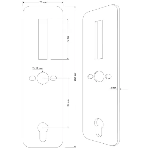 Komplet maskownic EURA ELB-03H4 - front   tył, do klamki ELH-01H4, rozstaw 92 mm, otwór na wkładkę bębenkową, grubość 3 mm