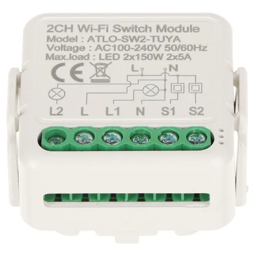 Podwójny inteligentny sterownik  oświetlenia LED ATLO-SW2-TUYA Wi-Fi, Tuya Smart