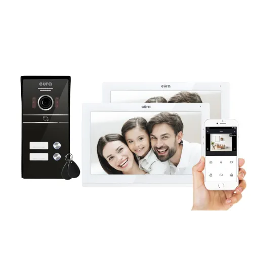 Wideodomofon EURA VDP-82C5 - dwurodzinny biały 2x  LCD 7'' FHD, obsługa 2 wejść kamera 1080p czytnik RFID natynk