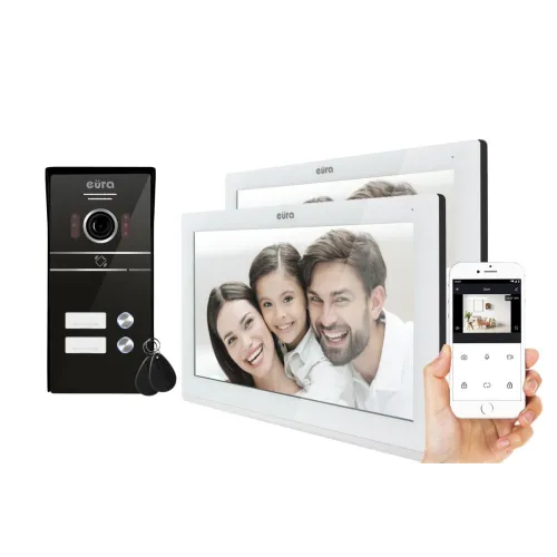 Wideodomofon EURA VDP-82C5 - dwurodzinny biały 2x  LCD 7'' FHD, obsługa 2 wejść kamera 1080p czytnik RFID natynk