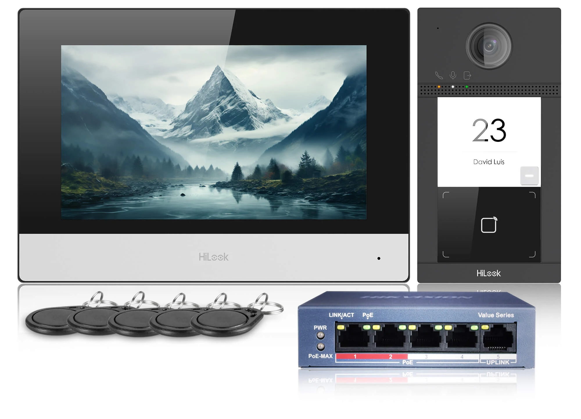 Wideodomofon IP-VIS-Pro, IP, Full HD, 129st., Pamięć, WiFi, Aplikacja, switch PoE, Czytnik ,5x Brelok HiLook by Hikvision