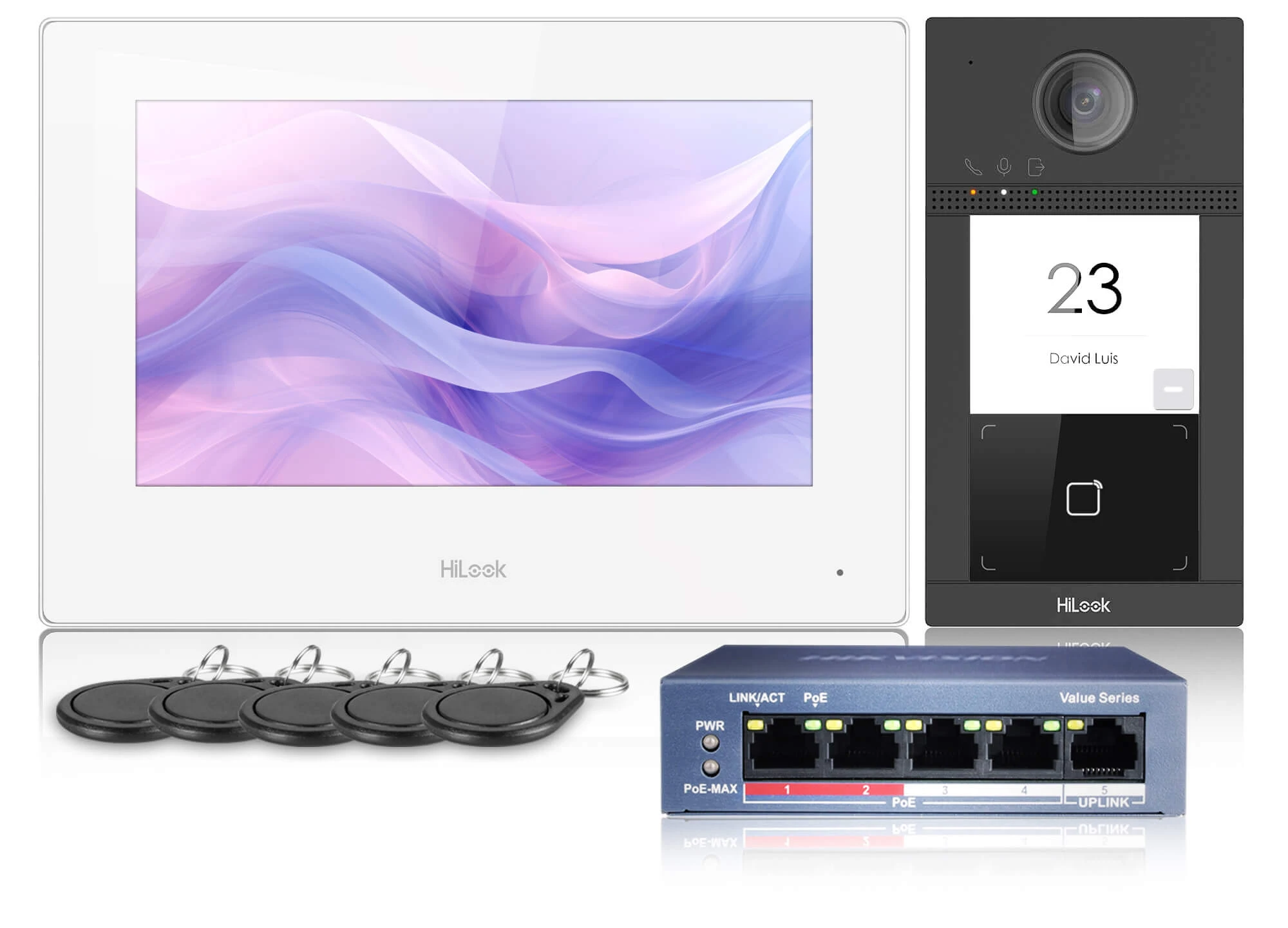 Wideodomofon IP-VIS-Pro, IP, Full HD, 129st., Pamięć, WiFi, Aplikacja, switch PoE, Czytnik ,5x Brelok HiLook by Hikvision